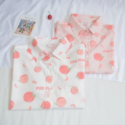 2021 fashion pink peach print women t shirt elegant summer harajuku vintage kawaii short sleeve turn down collar white top shirt