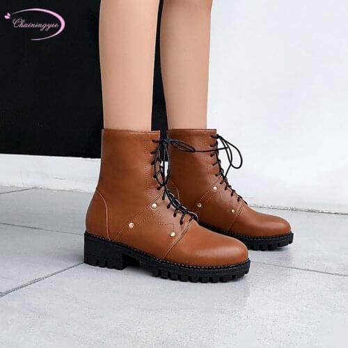 Street style round toe ankle boots fashion rivets lace-up white brown black medium with thick heel riding boots lady shoes