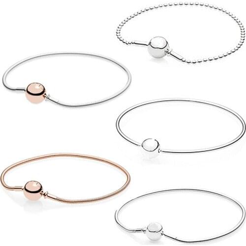 2020 100% 925 Sterling Silver Classic Logo Round Chain Rose Gold Gold Color Bracelet Bangle Bracelet For DIY Ladies Jewelry