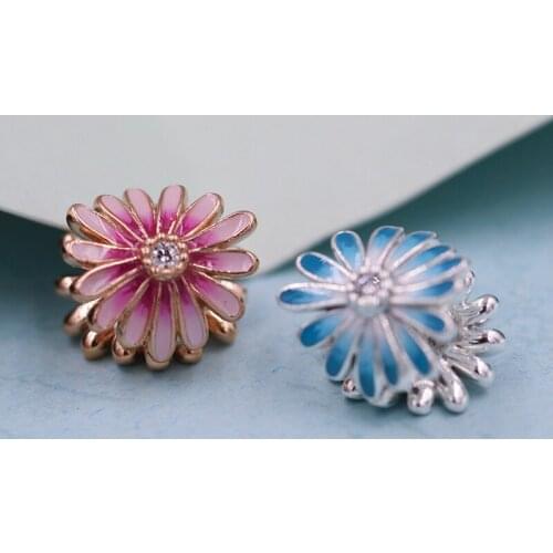 2020 New Spring Pink and Blue Daisy Flower Charm 925 Sterling silver Charms fit Beads Bracelets DIY For Women Jewelry Wholesale
