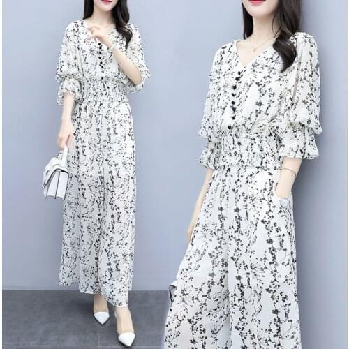 Womens Suit 2021 Spring Summer New 2 Two Piece Set Printing Top Wide Leg Flare Pants Leisure Korean Fashion Clothing For Women