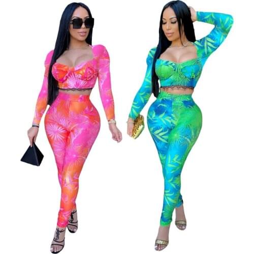 2020 Autumn Women Suit Hot Selling Long Sleeve Lace Patchwork Sexy Crop Top & Trousers European & American Fashion 2 Piece Set