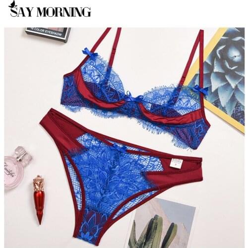 SAY MORNING New Womens lace eyelashes stitching sexy underwear set mesh see-through erotic lingerie wire free bra panty set
