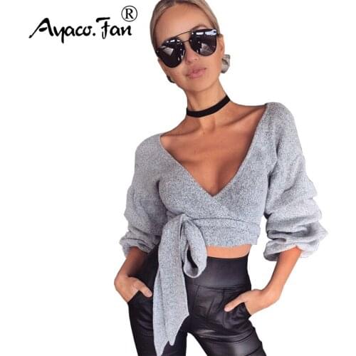 Sexy V-Neck Winter Lace Up Knitted Sweater New Women Lantern Sleeve Loose Gray Pullovers Soft Warm Autumn Casual Jumper femme