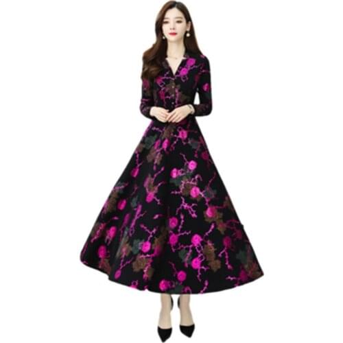 2021 Spring Autumn Womens Long Dress Print V-Neck New Arrivals Office Lady Vestido Bronzing Plus Size Female Dress Long Sleeve