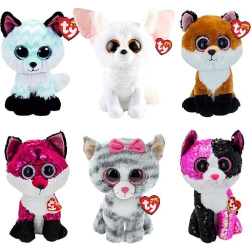 15 CM Ty Beanie Boos Big Eyes Fox Cat Series Collection Healing Plushie Soft Toy Stuffed Animal Doll Birthday Boy and Girl Gift