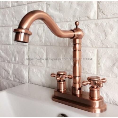 Antique Red Copper Bathroom Faucet Double Handle Double Holes Cold and Hot Water Tap Basin Faucet Mixer Taps Nrg044