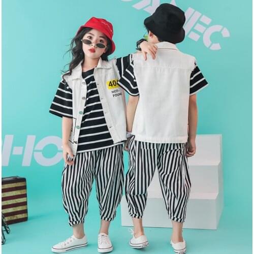 Kids Hip Hop Clothing Striped Crop Tops T Shirt Vest Pants Girls Boys Jazz Dance Costume Model Show Drum Clothes Wear Outfits