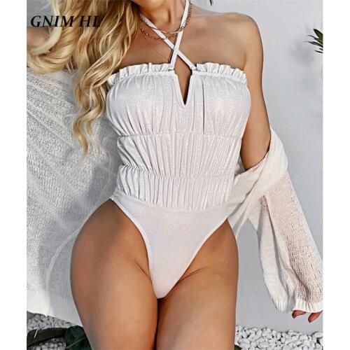 GNIM Sexy V Neck Swimwear Women Push Up Solid White Brazilian Swimsuit Female Beach Wear Backless Fold One Piece Swim Bodysuit