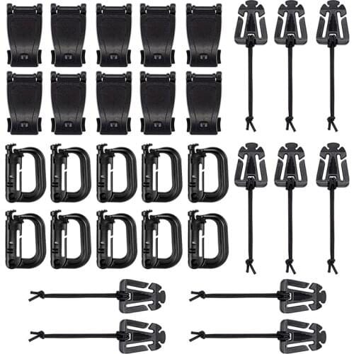 Kit of 30 Attachments for Molle Bag Tactical Backpack Vest Belt D-Ring Grimloc Locking Gear Clip Web Dominator Elastic Strings