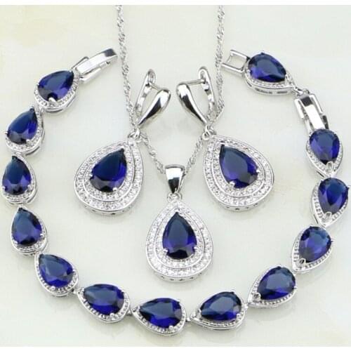 Water Drop Blue Cubic Zirconia White CZ 925 Sterling Silver Jewelry Sets For Women Wedding Earrings/Pendant/Necklace/Bracelet