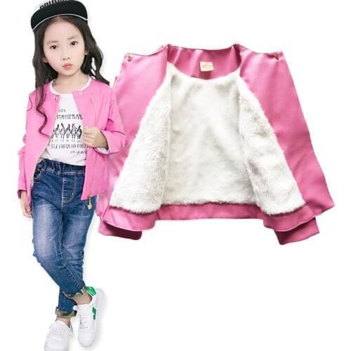 New Girls Jacket Leather Winter thickness Coat pink and Black Color O-neck Kurtka Zimowa Dziewczynka Girls Jacket 7CT015