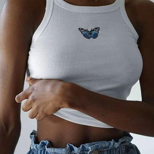 Womens Camisole Vest Sexy Blue Printed Embroidery Butterfly Cropped Tops Summer Slim Cotton Tank Tops Navel Camis WDC4255