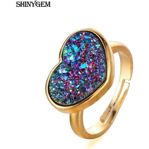 ShinyGem Fashion 14*17mm Heart Shape Crystal Druzy Stone Rings Geode Charm 24k Gold Plated Adjustable Rings For Women Wedding