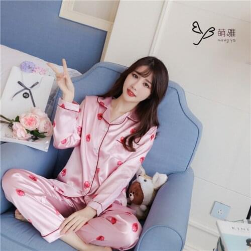 New pyjama women ice silk set long-sleeved cardigan pajamas two-piece set silk Korean home clothing woman pijama