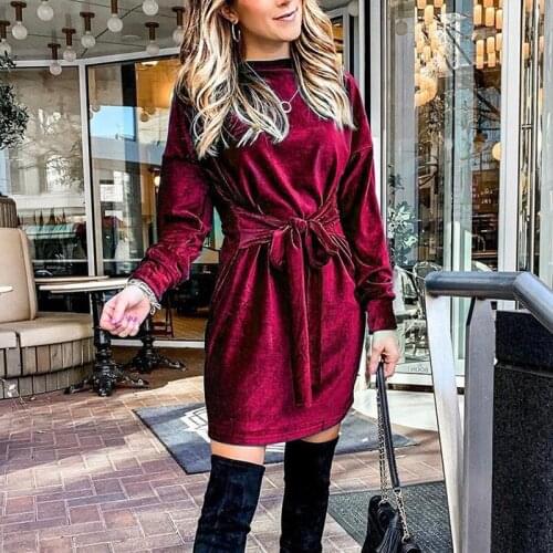 New Women Long Sleeve O Neck Solid Party Dress Women Stretch Soft Dresses For Women High Waist Ladies Dress With Belt