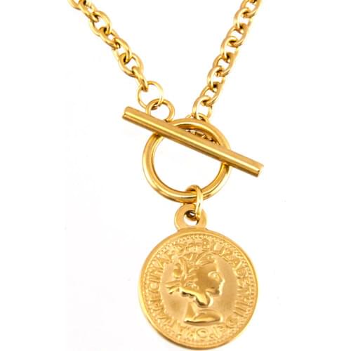 100% Stainless Steel Coin Necklace Gold/Silver Color Metal Coin Map Lock Heart Toggle Chain Necklaces Choker Toggle Collares