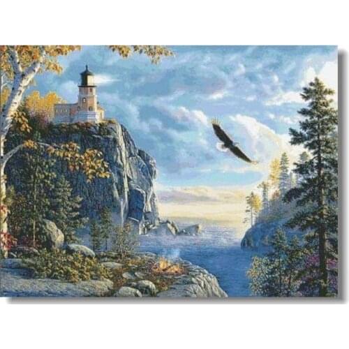 Scenery Lighthouse on the cliff by the sea Embroidery Needlework 14CT Unprinted Cross Stitch Kits DIY Handmade Home Decor