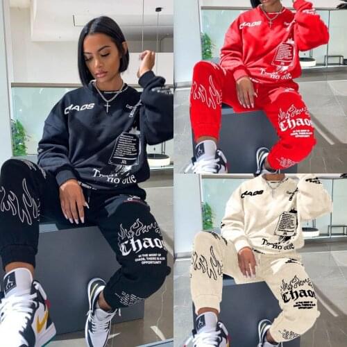 European and American Hot Womens Clothing Long Sleeve Crew Neck Sweater Sports and Leisure Printed Two-Piece Suit Clothing