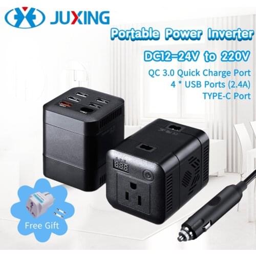 JUXING Power Converter Truck/Vehicle Inverter DC 12V to AC 220V Adapter Car Charger with AC Outlets + 4 USB Ports +QC.30+TYPE-C