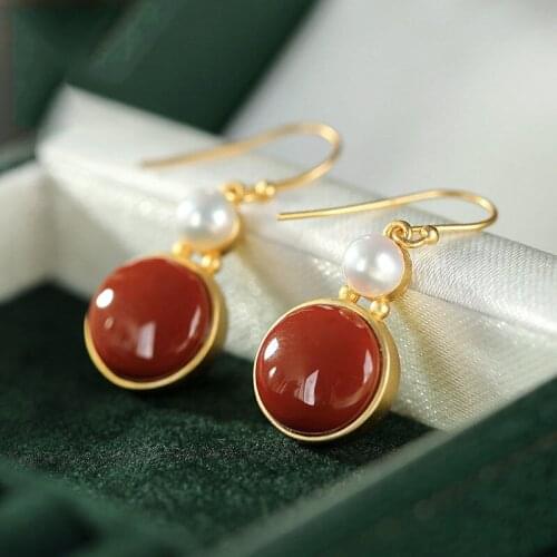 Natural South Red Agate S925 Sterling Silver round Earrings Womens Elegant Fashion Popular Fresh High-Grade Ornament