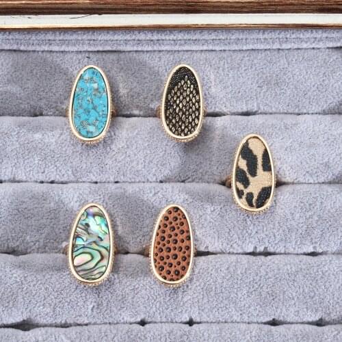 Size 7 Oval Abalone Shell Leopard Snakeskin Leather Rings for Women Party Jewelry Girl Gift Accessories