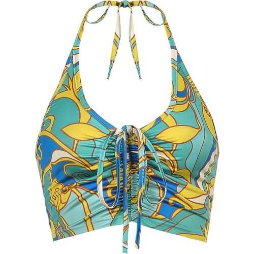 Sexy Crop Tops Water Ripple Printing Slim Sexy Ladies Navel Exposed Tops Summer for Party Deep V Neck Backless Beach Tanks Tops