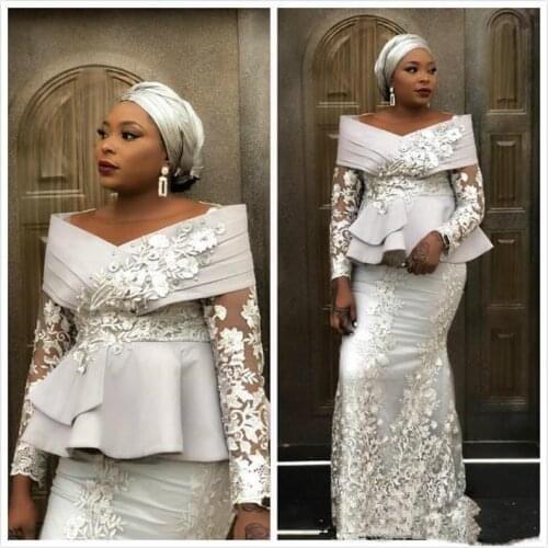 Silver Aso Ebi South African Evening Dresses Mermaid Long Sleeves Appliques Beaded Nigeria Saudi Arabic Evening Gown Prom Dress