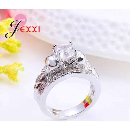 -Silver Bridal Wedding Rings Set For Woman Fashion Cubic Zircon Crystal Engagement Promise Ring Accessories