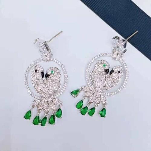 S925 Zircon Earrings Micro Inlaid Chalcedony Double Parrot Earrings Water Drop Zircon Stone Bird Luxury Earrings for women
