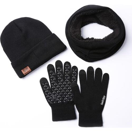 Unisex Men Women Hats Scarf Gloves 3 Pieces Set Winter Plus Velvet Thick Warm Knit Hats Scarves Gloves Sets