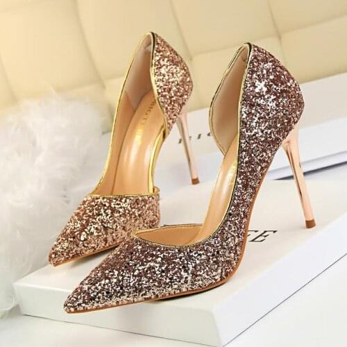 BIGTREE Shoes Women High Heels Sexy Sequins Ladies Pumps Party Wedding Shoes Gold Silver Plus Size 34-43 Women Shoes Heels 9.5CM