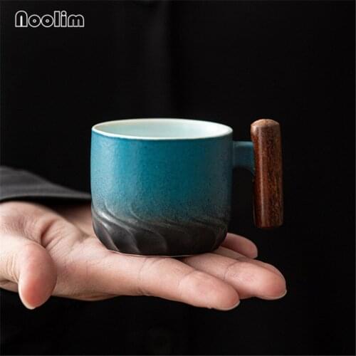 Japanese Ceramic Anti-scald Tea Cup with Wood Handle Retro Coffee Mug Office Teacups Water Mug Kung Fu Teaset Drinkware 80ML