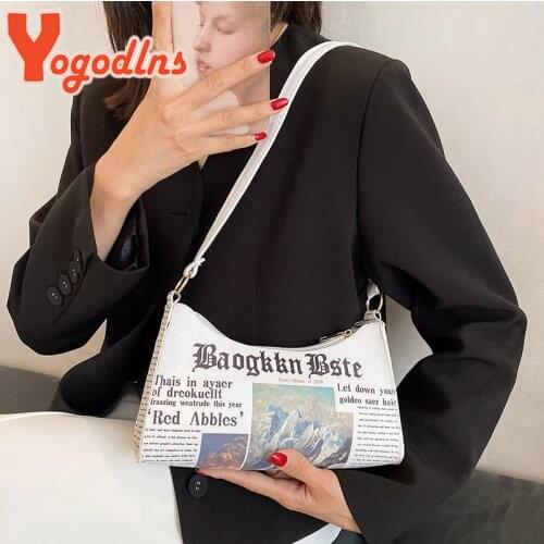 Yogodlns Fashion Newspaper Baguette Bag for Women Funny Armpit Bag Personality Underarm Bag Letter Printing Handbag and Purse