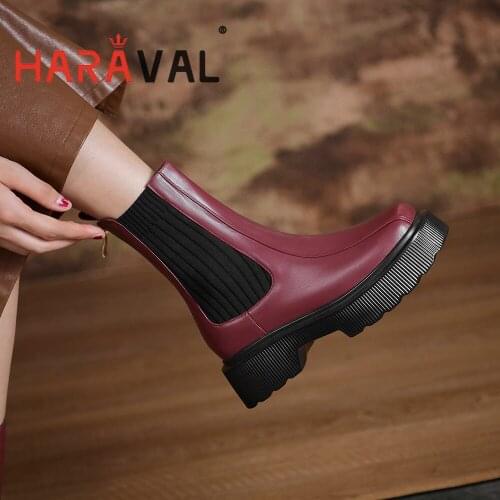 HARAVAL Women Ankle Motorcycle Boots Shoes Thick Bottom Genuine Leather Solid ELEGANT Square Toe Autumn Winter Eelgant E390L