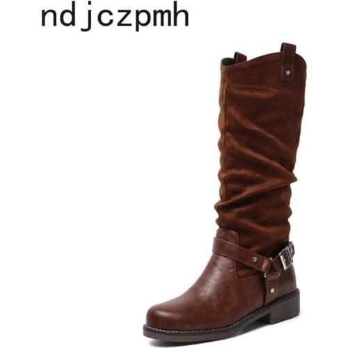 Womens Boots The New winter fashion Round head Low-heeled Middle tube Womens shoes plus size 34-48 Heel Height 4cm black