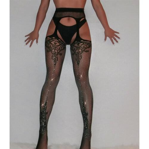 Women Sexy Bling Rhinestone Stockings Crystal Fishnet Net Mesh Socks Pantyhose Black