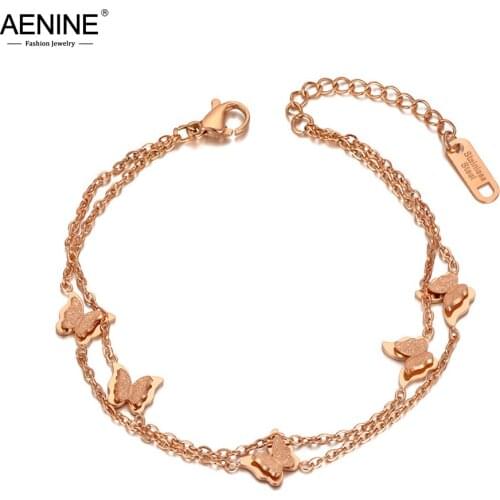 AENINE New Bohemia Titanium Stainless Steel Butterfly Charm Bracelet For Women Double Layer CZ Crystal Beach Jewelry AB20084