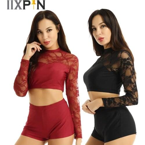 Women Ballet Jazz Dance Costume gymnastics leotard Ballet Round Neck Long Lace Sleeve Crop Top with Shorts for Dance Practice
