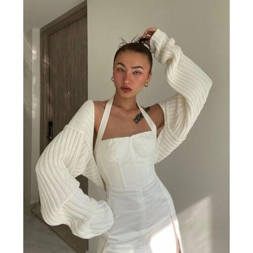 2020 Autumn Women Sexy High Cut Out Shrugs Long Sleeve Sweater Jumpers Jacket Female Short Cardigan Ribbed Crop Sweater Cover Up