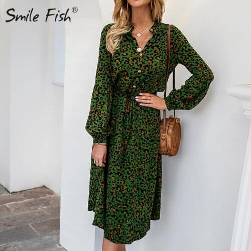 A-Line Leopard Printed Women Dress 2020 Spring Summer Female Bohemian Turn-Down Collar Dress Long Sleeve Elegant G1158