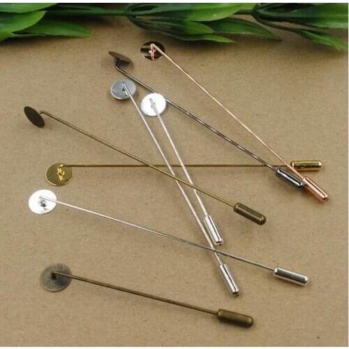 100pcs Retro fashion 10mm round pad 65mm hat pins brooch long stick pin lapel pin base setting diy jewelry Accessories