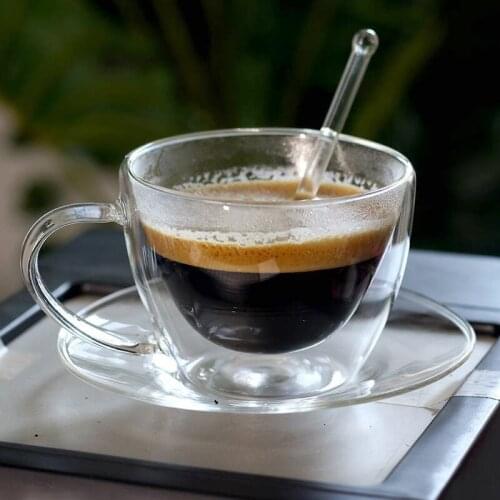 180ml European-style Double-layer Coffee Mug and Saucer Modern Simple Coffee Cup with Spoon Glass Cup Handle Milk Mugs