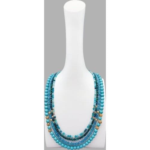 4 Strands Of 4mm Blue Agate Azurite Necklace With 8mm Turquoise Rondelle Aquamarine Hammered Gold Beads For Women Gift 18 Inch