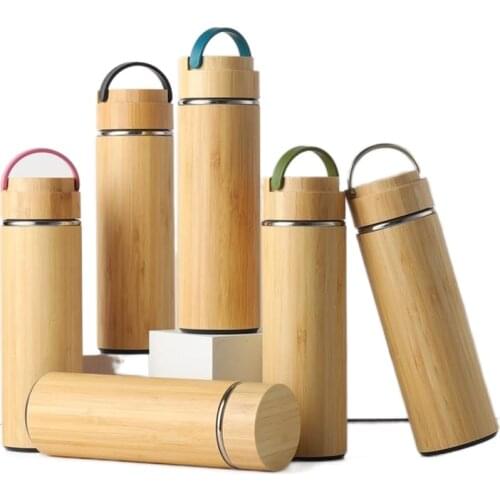 450ml Bamboo Thermos Bottle with Handle Stainless Steel Vacuum Flask Portable Water Coffee Cup Customize Logo