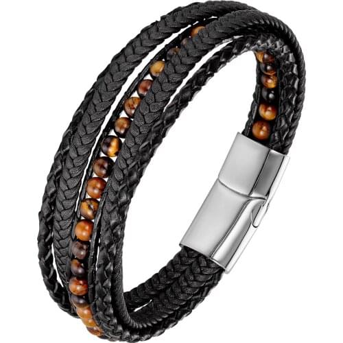 Fashion Natural Stone Beads Men Bracelet Multilayer Black Leather Bracelet Punk Jewelry Stainless Steel Magnetic Clasp Bangles
