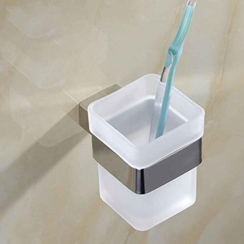 Toothbrush Toothpaste Holder Cup Ground Glass Gargle Tooth Mug Stainless Steel Square Hanger Rail Shelf Rack Set