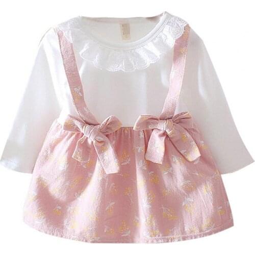 Girls Cute Dress Splicing Floral Print Long Sleeve Fluffy Dresses Casual Wear Round Neck Children Bow Knot Strap Summerwear