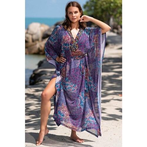 Ethnic Purple Womens Oversize Dress Peacock Feather Print Boho Kaftan Chic Laidback Maxi Dresses Flowy Belted Gown Summer Tunic