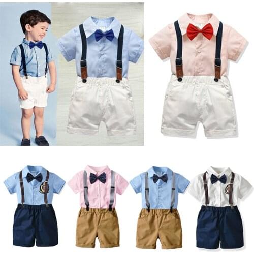 Toddler Kids Boy T-shirt+ Overalls Suits With Bow Tie Clothes Gentle Outfit T Shirts Newborn Baby Summer New Clothing Sets